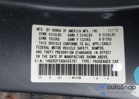 2013 Honda Accord Lx z USA, uszkodzony, nr VIN 1HGCR2F3XDA055797